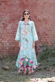 Aqua Bird Print Kurta with Pant (Set of 2)